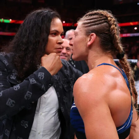Аманда Нуньес выходит в клетку после завоевания титула Кайлой Харрисон на UFC 316 и подтверждает возвращение