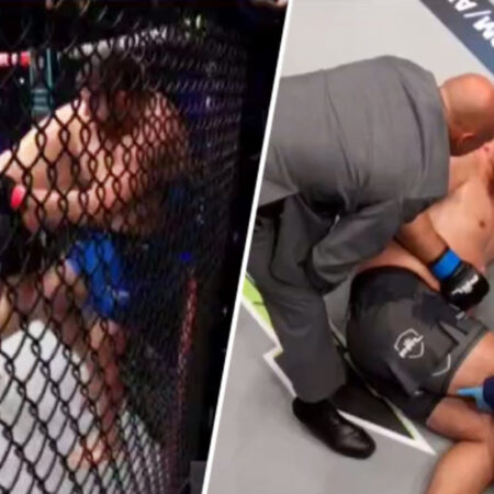 Экс-боец UFC Александр Романов унесен на носилках после крайне болезненного удара в пах в полуфинале PFL